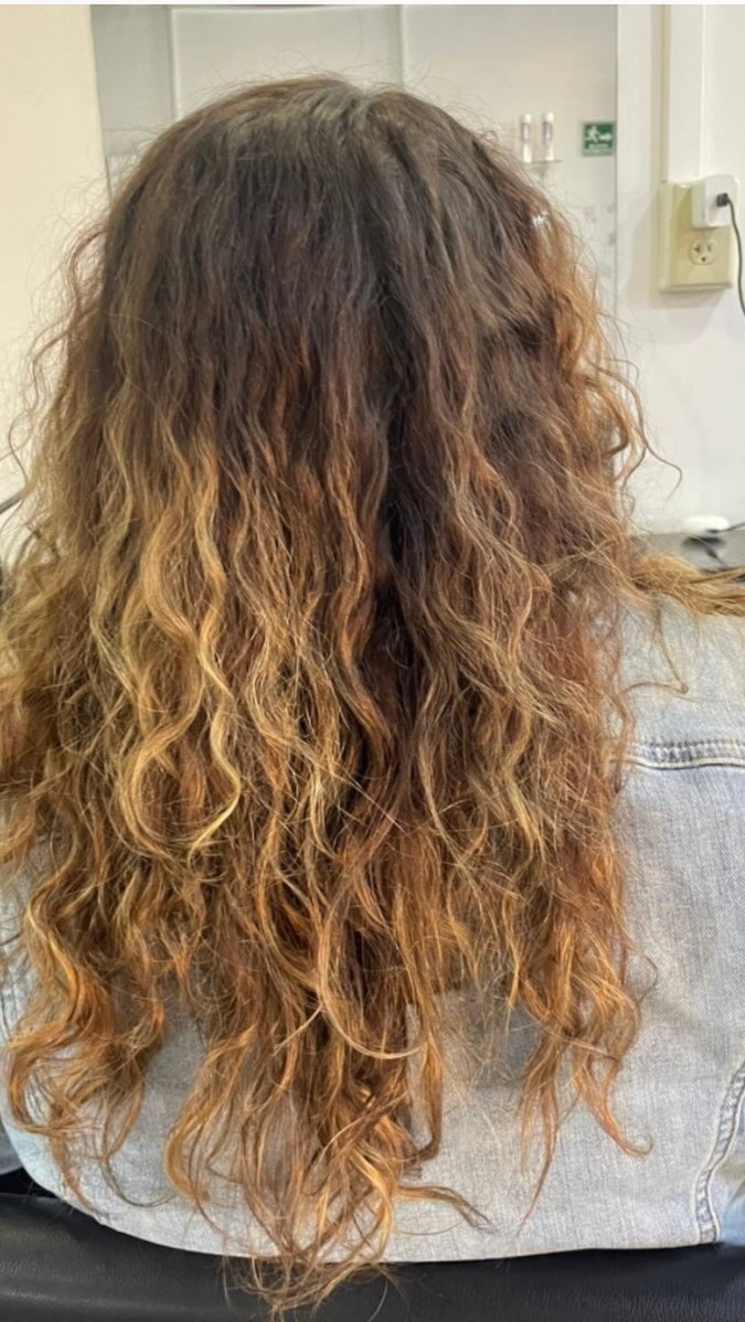 Antes: balayage cálido de una clienta de Emilio Beauty